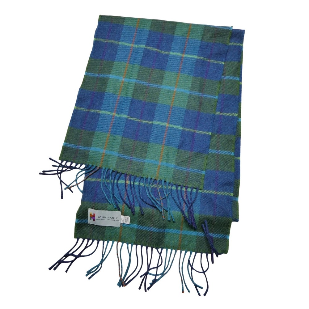 John Hanly Scarf Mens One Size Blue Green Plaid Merino Wool Soft Fringe Ireland